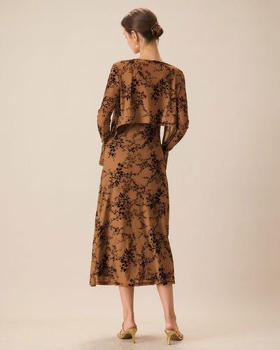 Brown Floral Two-piece Midi Dress
