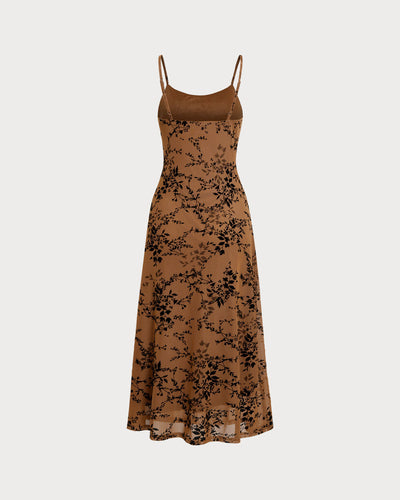 Brown Floral Two-piece Midi Dress
