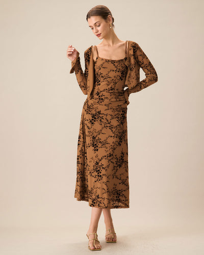 Brown Floral Two-piece Midi Dress