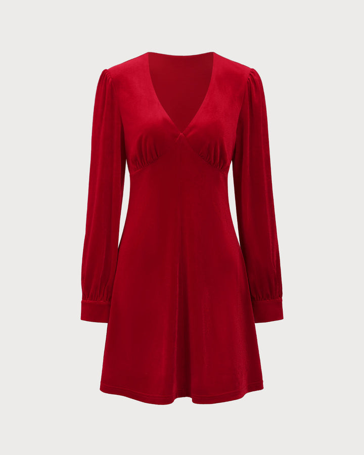Red Velvet Puffed Sleeve A-Line Mini Dress