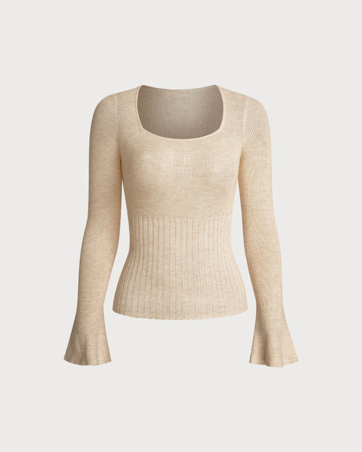 Apricot Bell Sleeve Ribbed Knit Tee - Celestia Couture