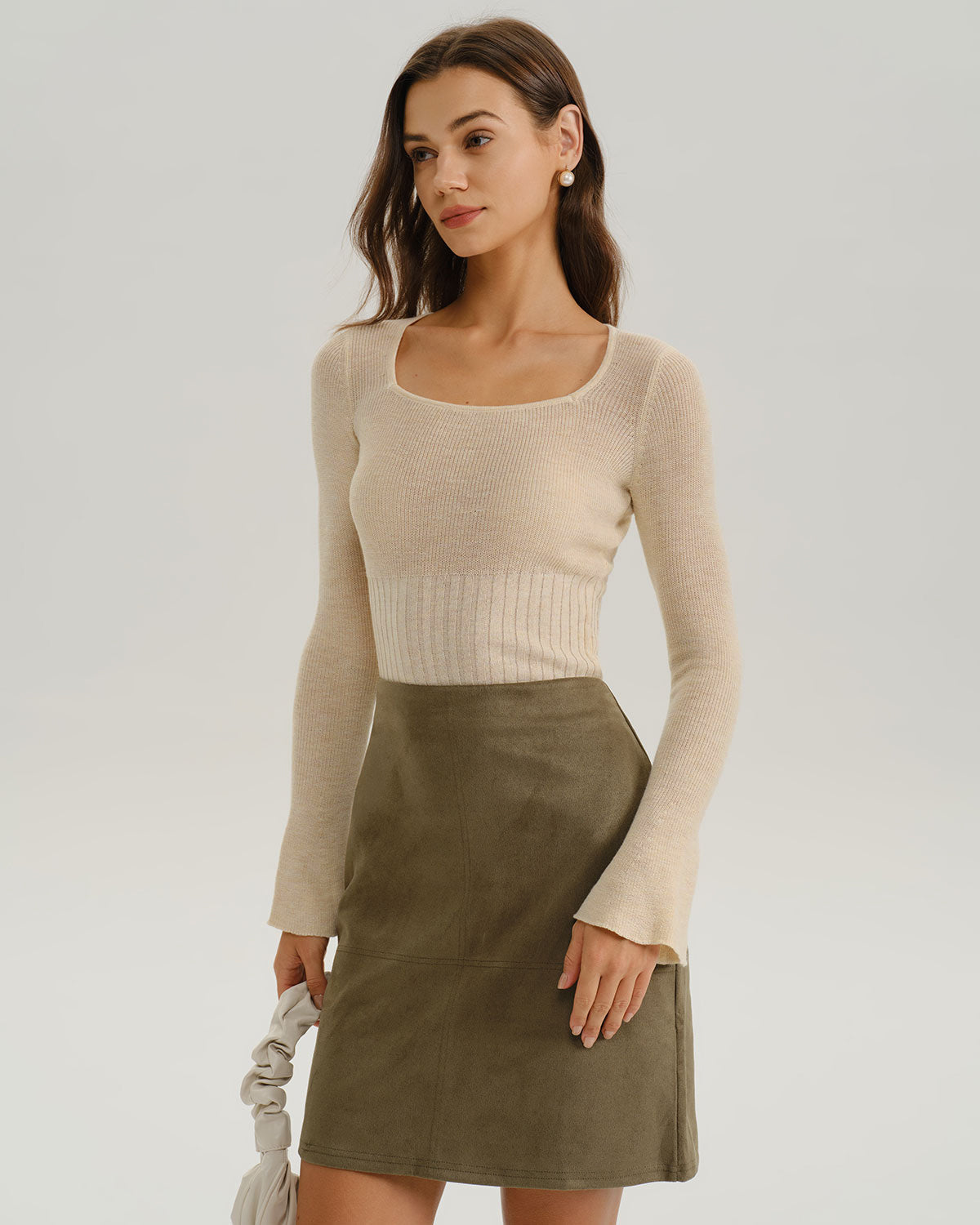 Apricot Bell Sleeve Ribbed Knit Tee