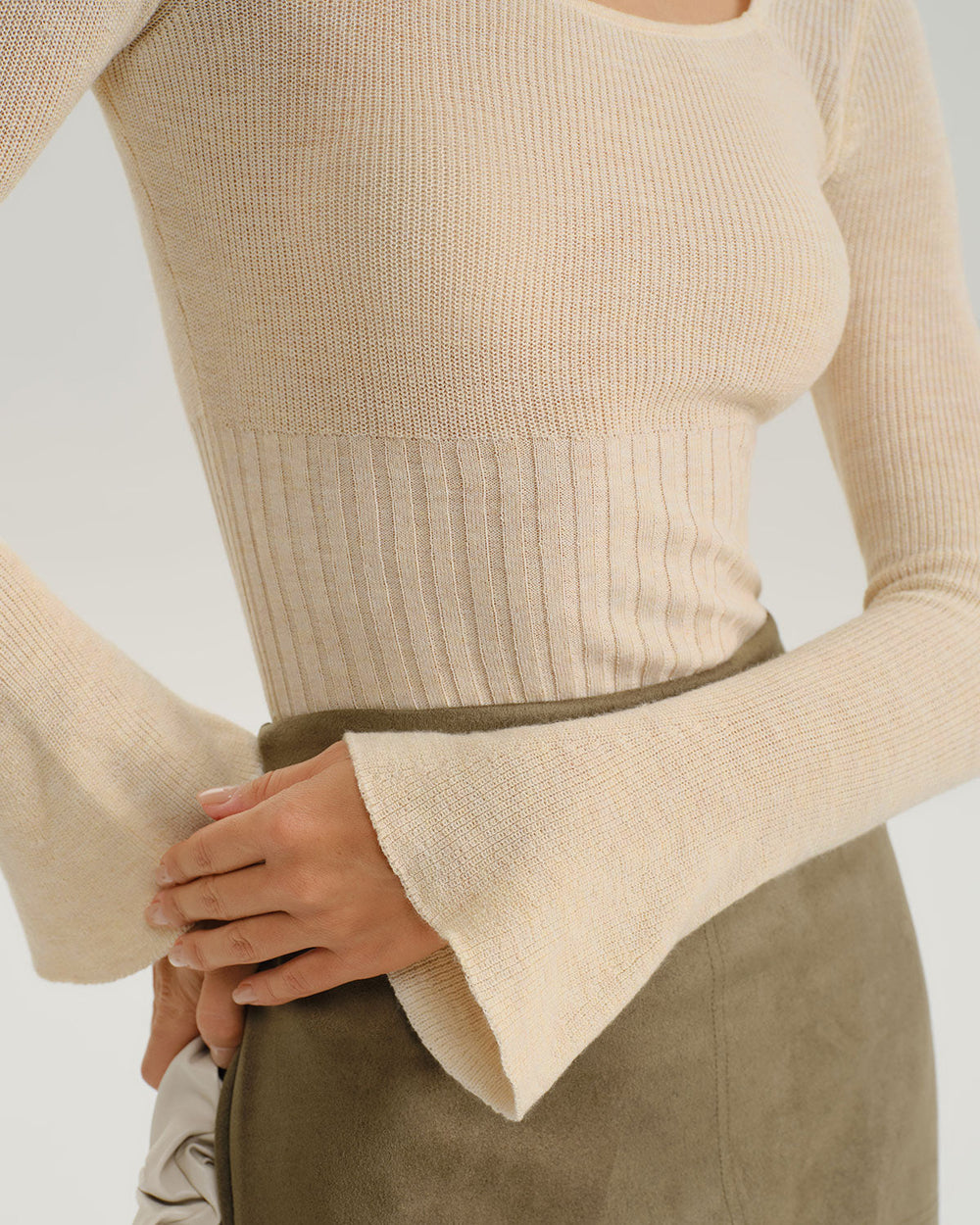 Apricot Bell Sleeve Ribbed Knit Tee - Celestia Couture