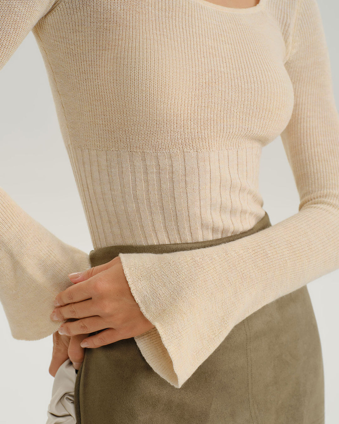 Apricot Bell Sleeve Ribbed Knit Tee - Celestia Couture