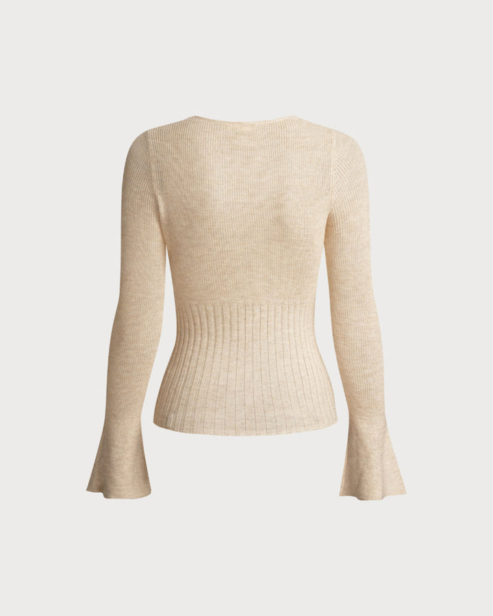 Apricot Bell Sleeve Ribbed Knit Tee - Celestia Couture