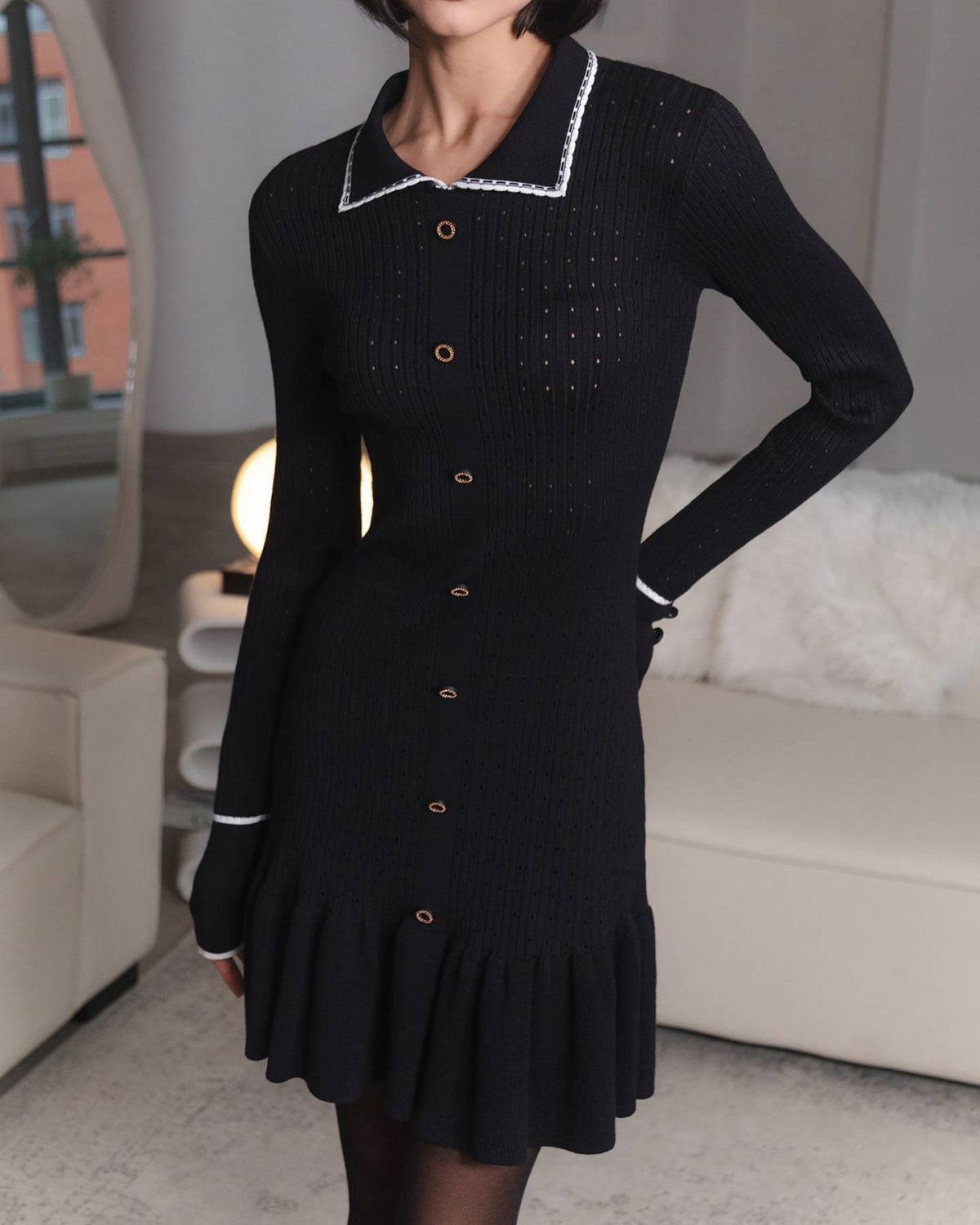 Black Contrasting Bodycon Button Sweater Dress