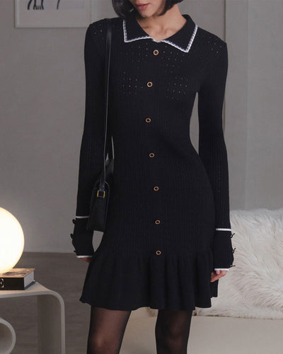 Black Contrasting Bodycon Button Sweater Dress