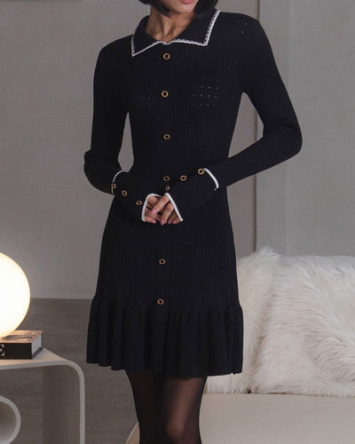 Black Contrasting Bodycon Button Sweater Dress