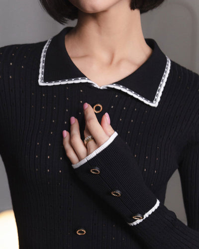 Black Contrasting Bodycon Button Sweater Dress