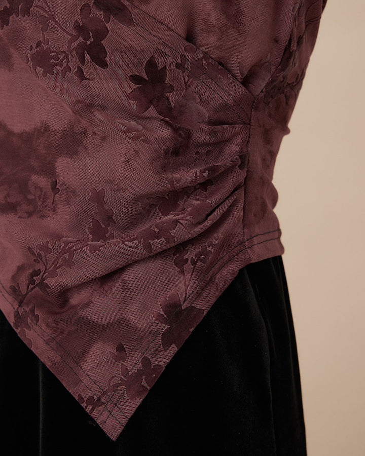 Purple Floral Ruched Wrap Tee - Celestia Couture