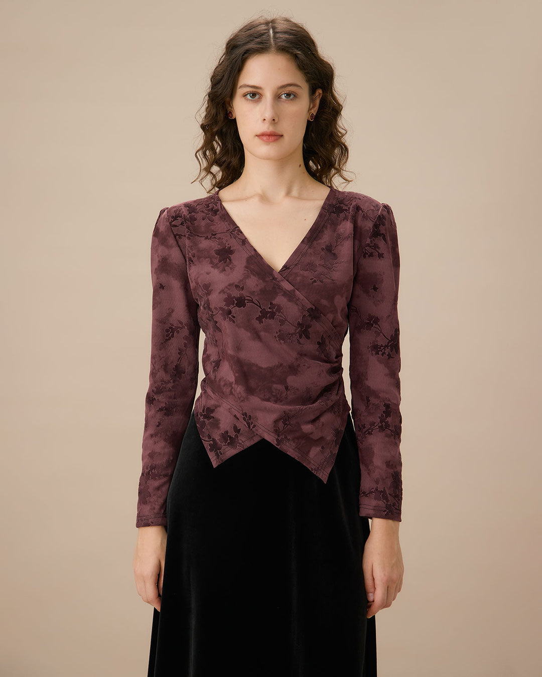Purple Floral Ruched Wrap Tee - Celestia Couture