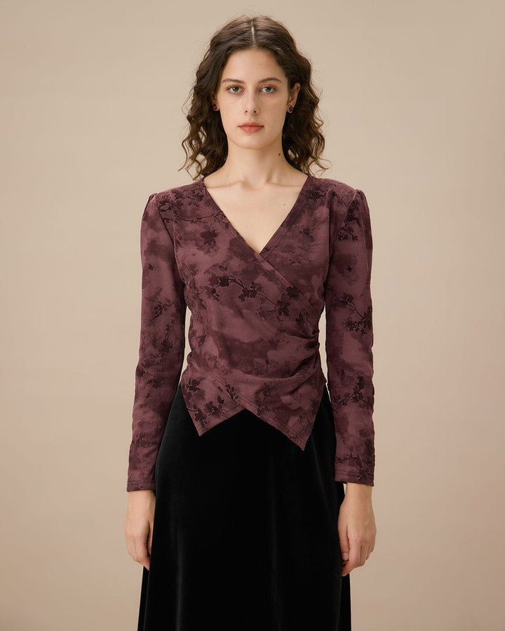 Purple Floral Ruched Wrap Tee - Celestia Couture