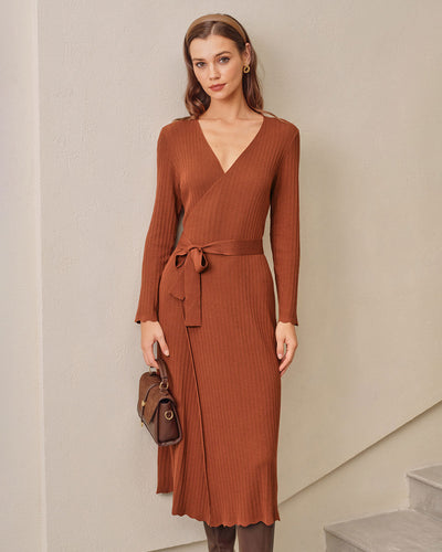 Caramel Knit Wrap Midi Dress