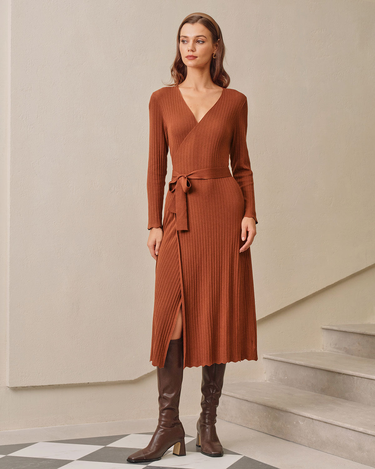 Caramel Knit Wrap Midi Dress