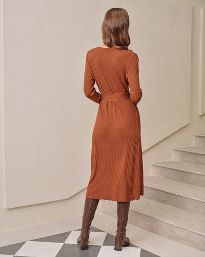 Caramel Knit Wrap Midi Dress