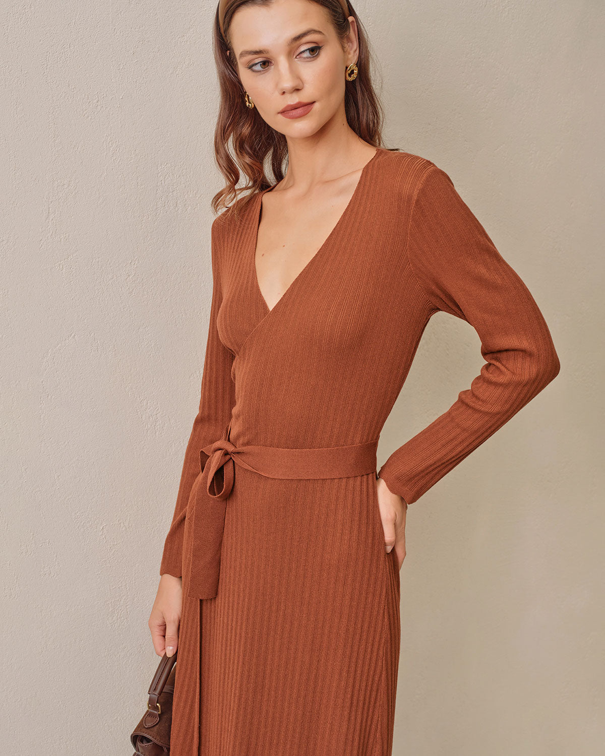 Caramel Knit Wrap Midi Dress