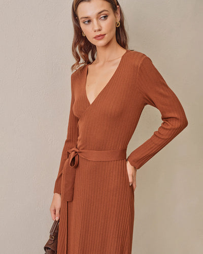 Caramel Knit Wrap Midi Dress