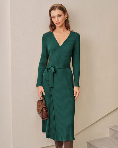 Green A-line Wrap Sweater Dress