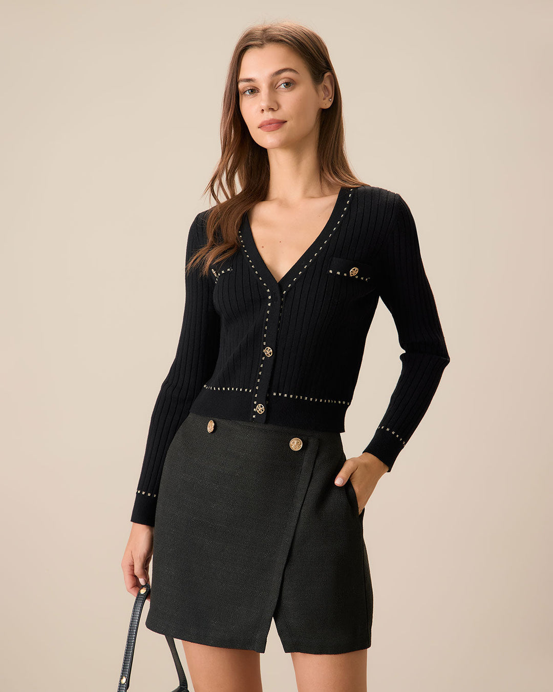 Black Contrasting Single-Breasted Cardigan - Celestia Couture