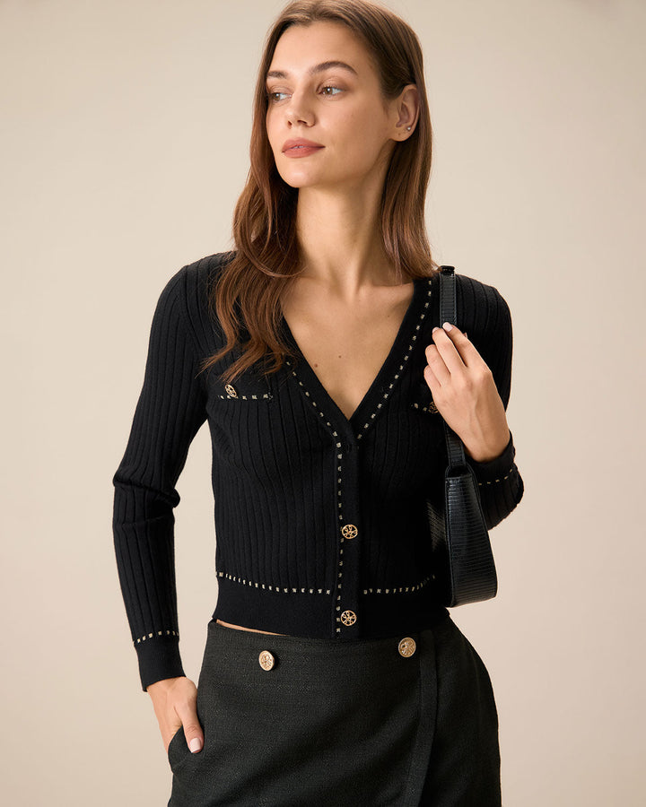Black Contrasting Single-Breasted Cardigan - Celestia Couture