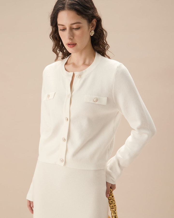 White Single Breasted Knit Cardigan - Celestia Couture
