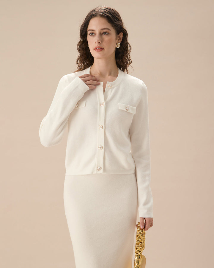 White Single Breasted Knit Cardigan - Celestia Couture