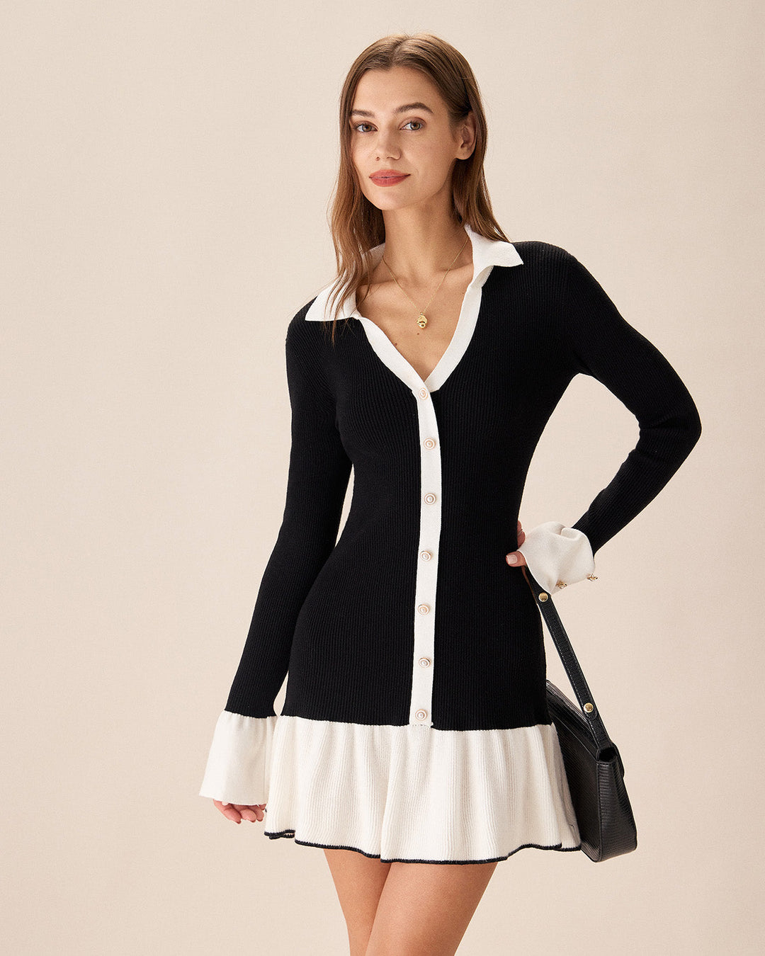 Black Contrasting Bell Sleeve Sweater Dress - Celestia Couture