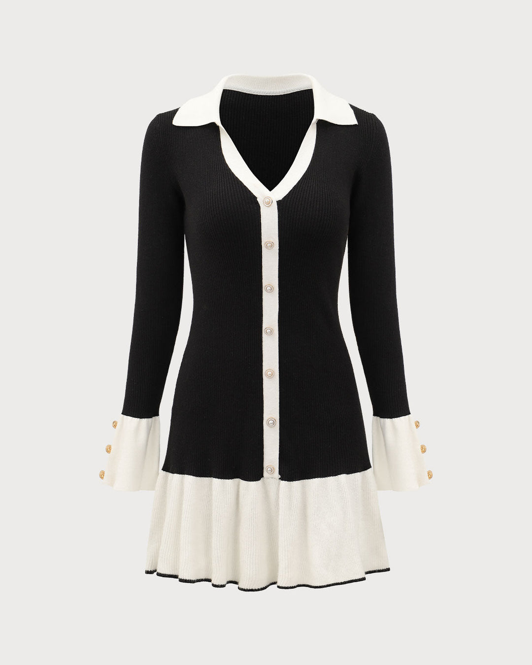 Black Contrasting Bell Sleeve Sweater Dress - Celestia Couture