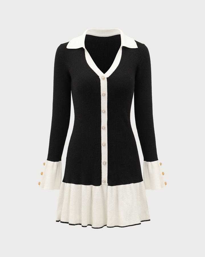 Black Contrasting Bell Sleeve Sweater Dress - Celestia Couture