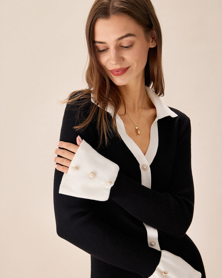 Black Contrasting Bell Sleeve Sweater Dress - Celestia Couture