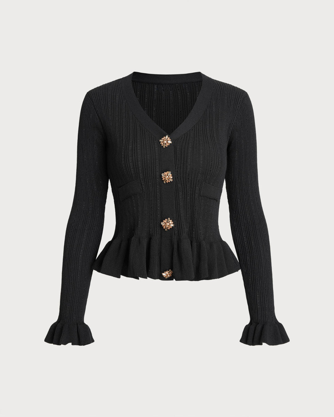 Black V Neck Bell Sleeve Knit Cardigan - Celestia Couture