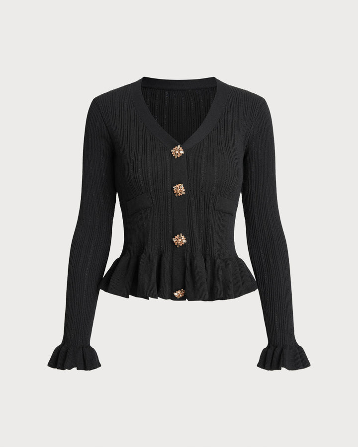 Black V Neck Bell Sleeve Knit Cardigan - Celestia Couture