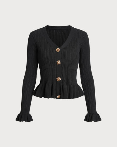 Black V Neck Bell Sleeve Knit Cardigan