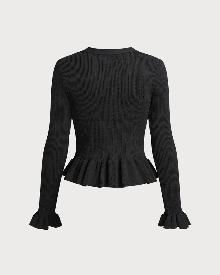 Black V Neck Bell Sleeve Knit Cardigan - Celestia Couture