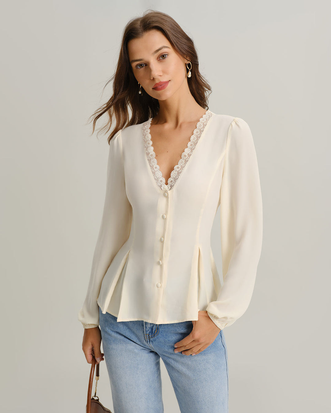 Apricot V Neck Lace Lantern Sleeve Blouse - Celestia Couture