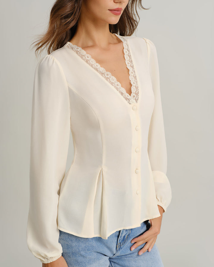 Apricot V Neck Lace Lantern Sleeve Blouse - Celestia Couture