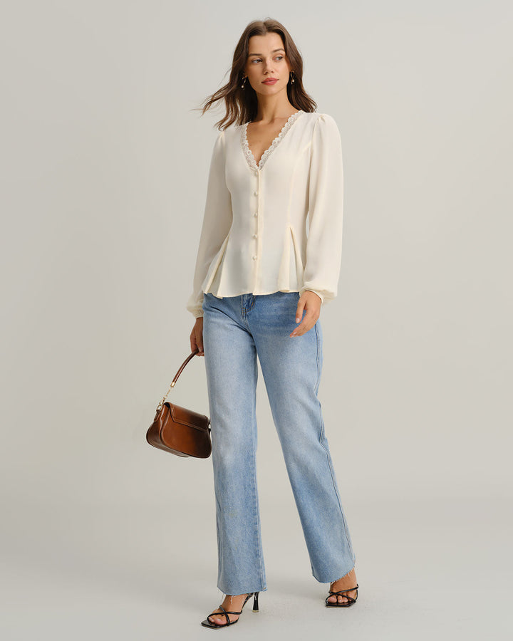 Apricot V Neck Lace Lantern Sleeve Blouse - Celestia Couture