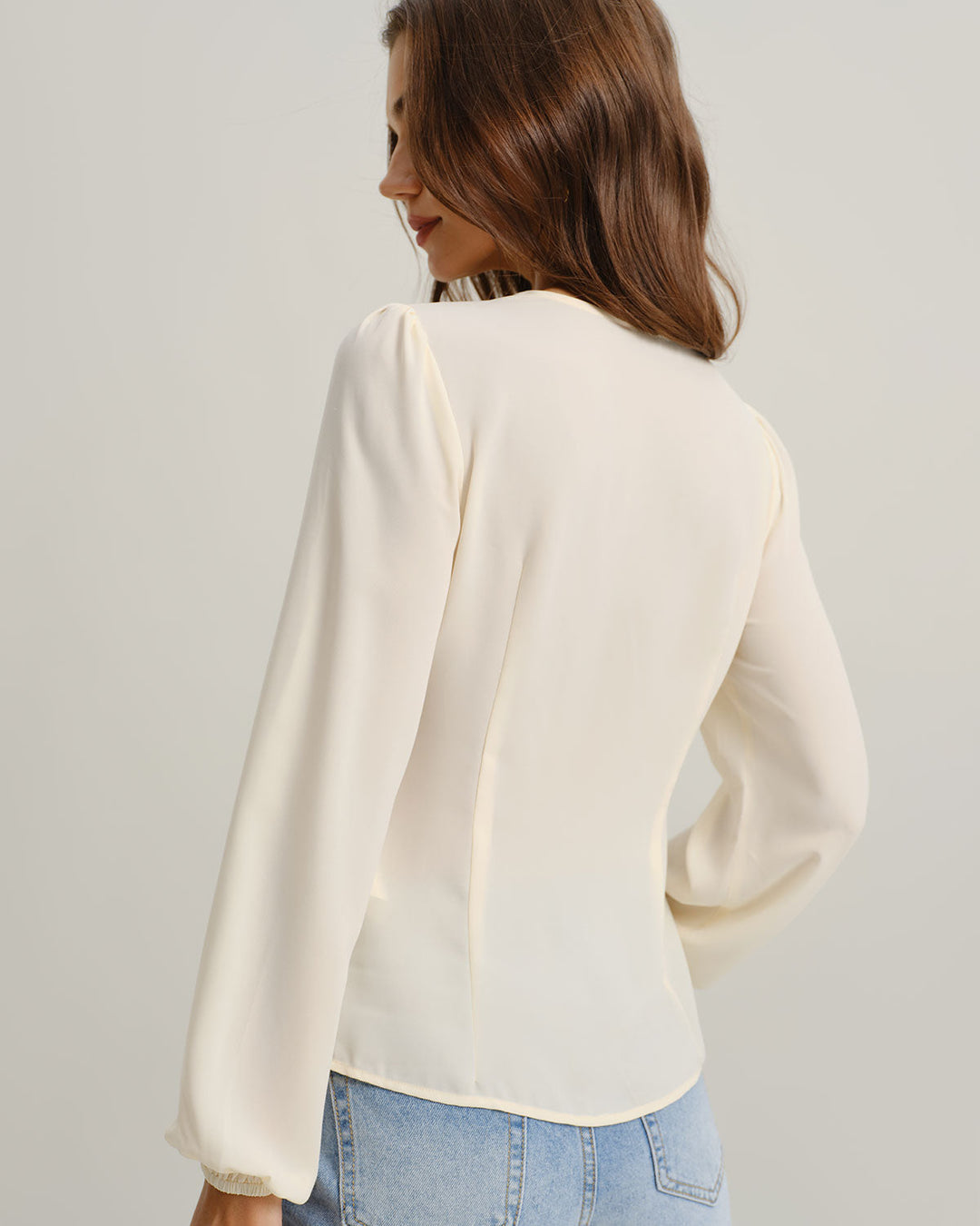 Apricot V Neck Lace Lantern Sleeve Blouse - Celestia Couture