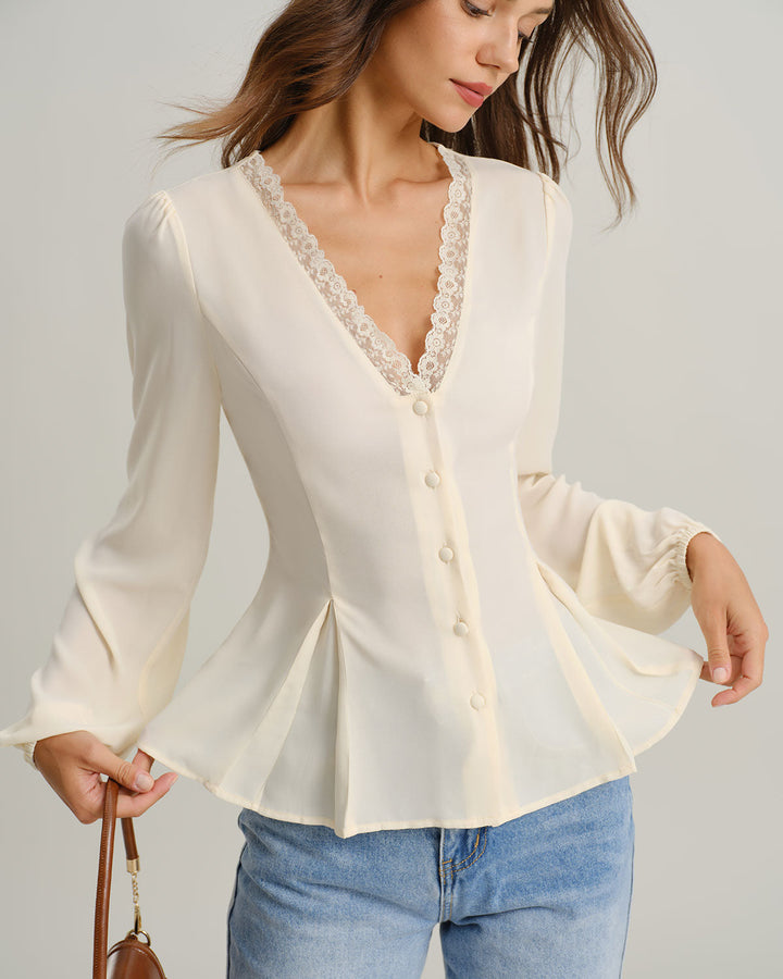 Apricot V Neck Lace Lantern Sleeve Blouse - Celestia Couture