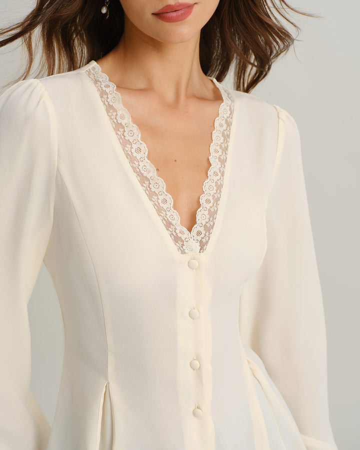 Apricot V Neck Lace Lantern Sleeve Blouse - Celestia Couture