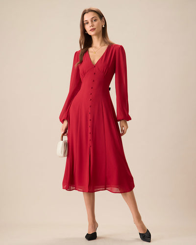 Women's Red V-Neck Puff Sleeve Slit Midi Dress