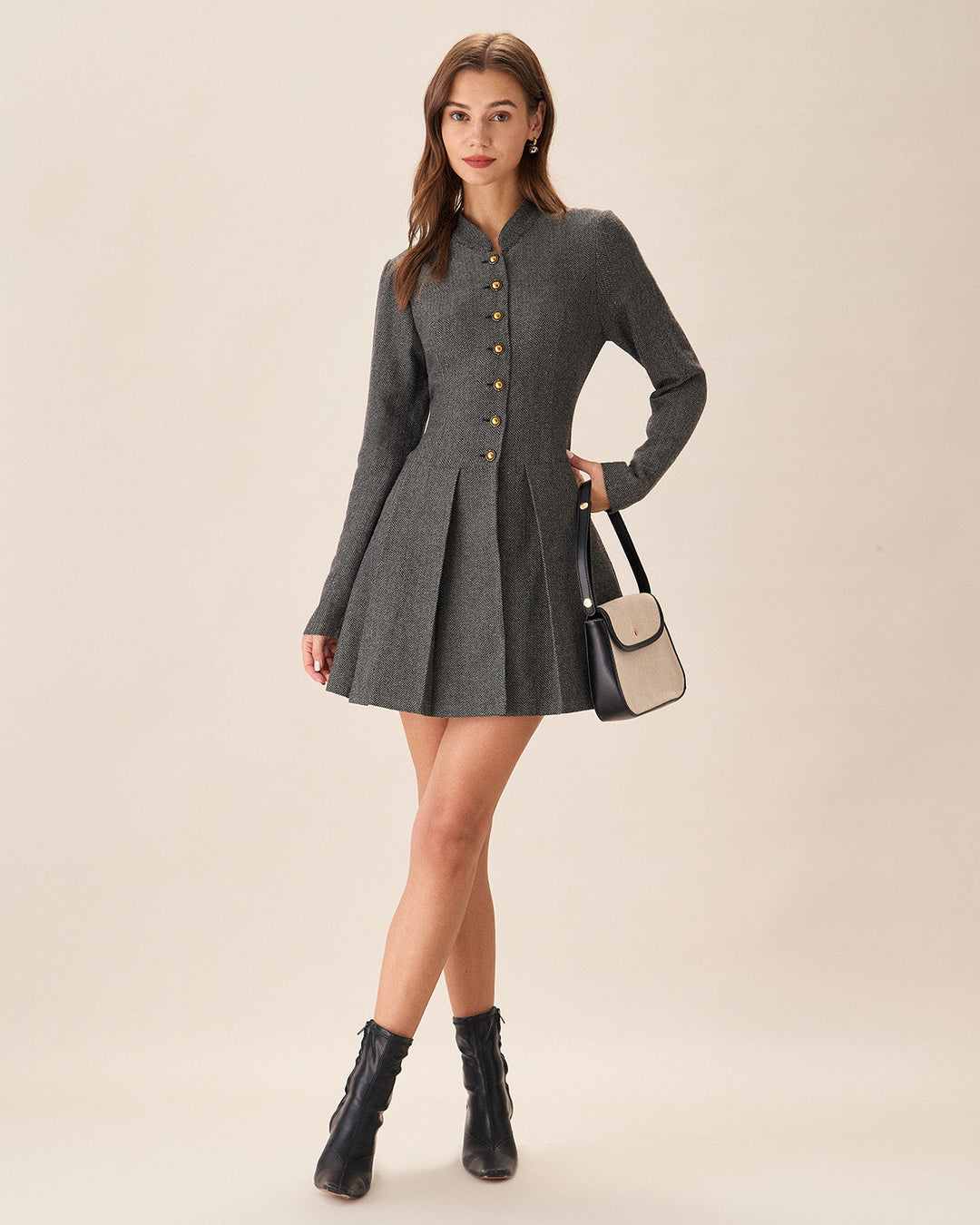 Grey Button Pleated Mini Dress - Celestia Couture