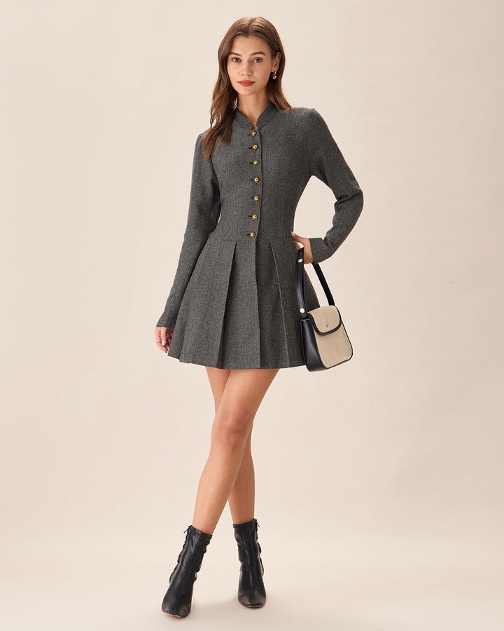 Grey Button Pleated Mini Dress - Celestia Couture