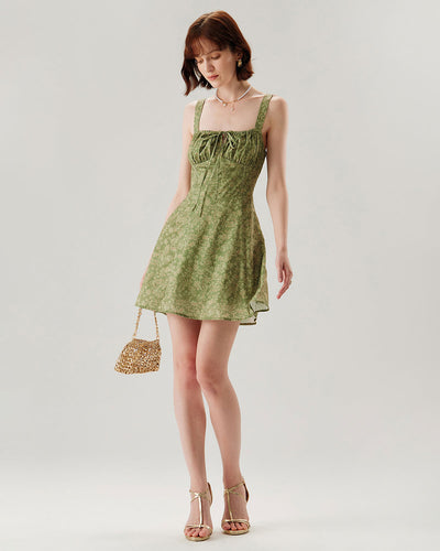 Emerald Bloom Green Floral Ruched Slip Mini Dress