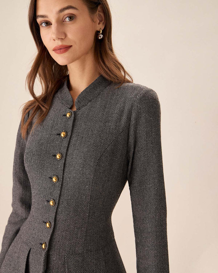 Grey Button Pleated Mini Dress - Celestia Couture