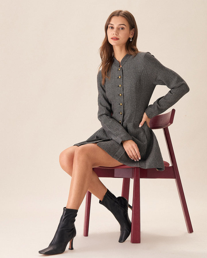 Grey Button Pleated Mini Dress - Celestia Couture