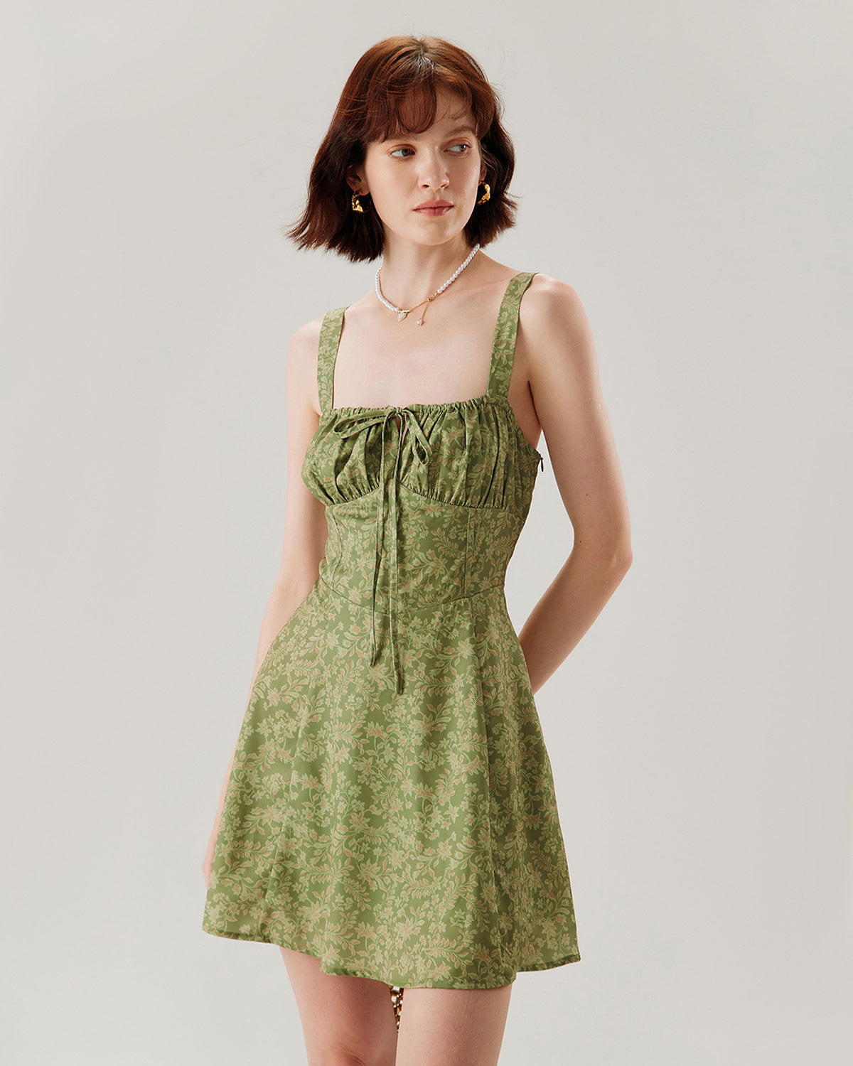 Emerald Bloom Green Floral Ruched Slip Mini Dress