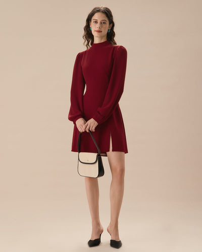 Red Mock Neck See-Through Mini Dress