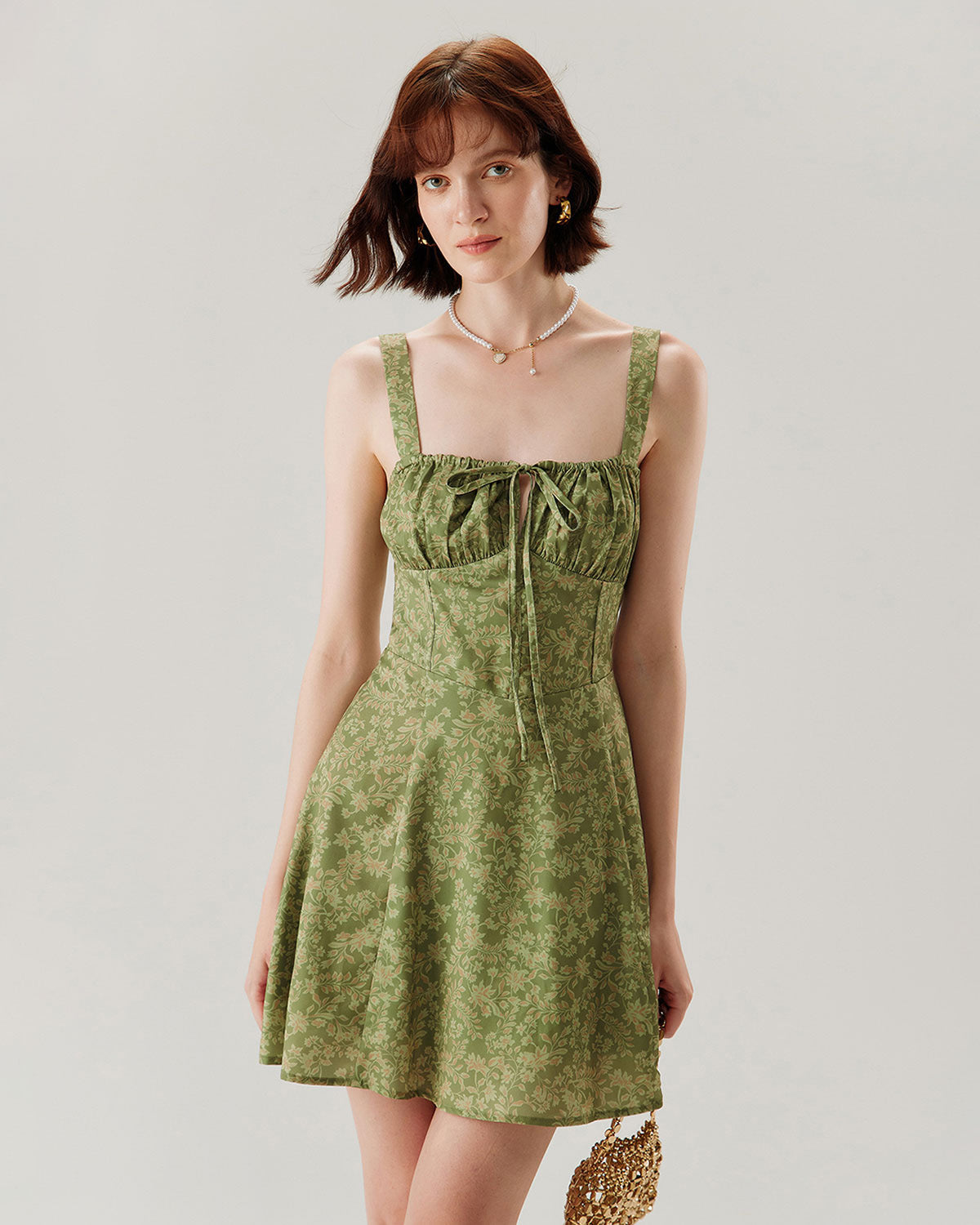Emerald Bloom Green Floral Ruched Slip Mini Dress