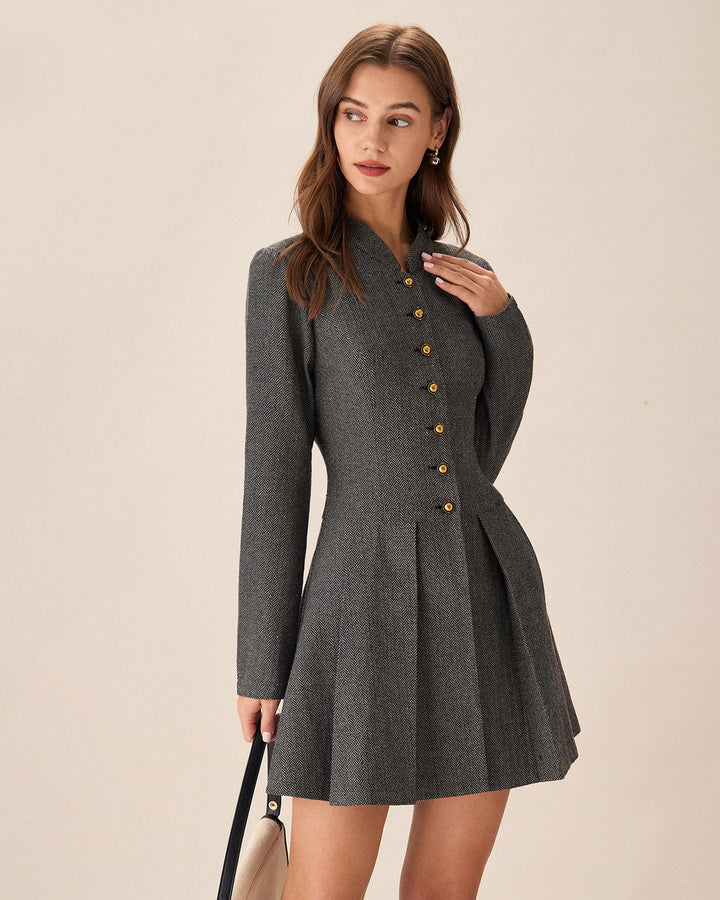 Grey Button Pleated Mini Dress - Celestia Couture